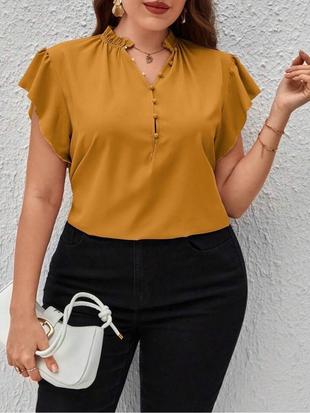 SHEIN Mustard Ruffle Sleeve Button-Front Blouse